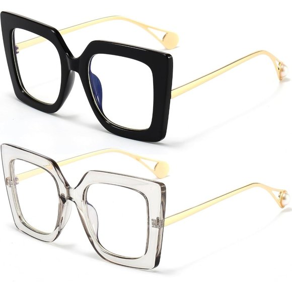 Women Black Grey Square Big Frame Blue Light Blocking Glasses - Picture 1 of 6